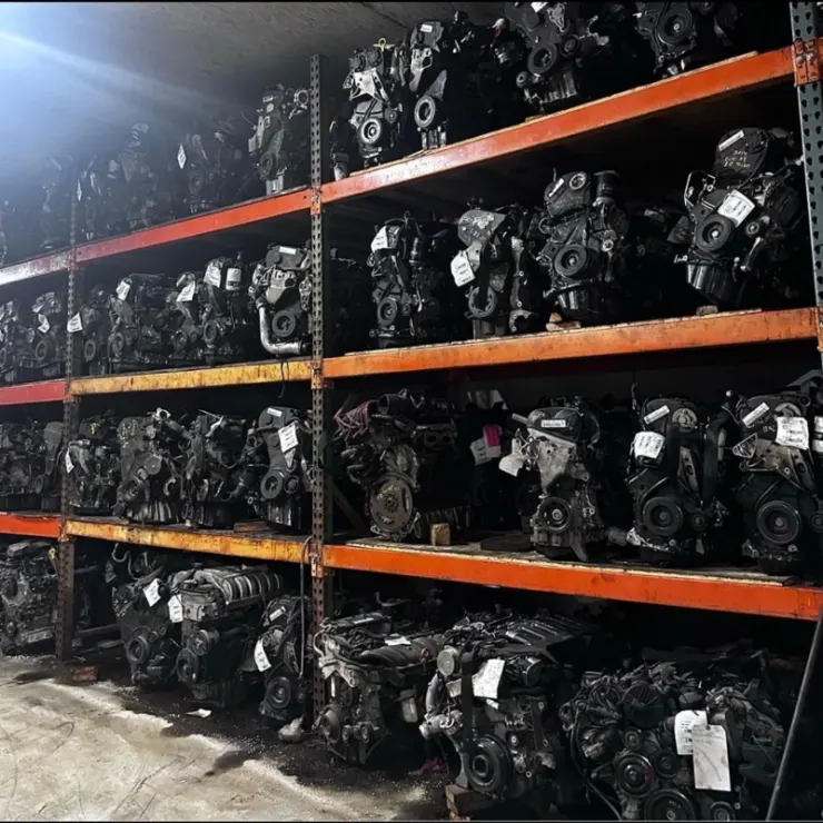 Warehouse racks stacked with tested used engines at Villanueva Auto in Salinas