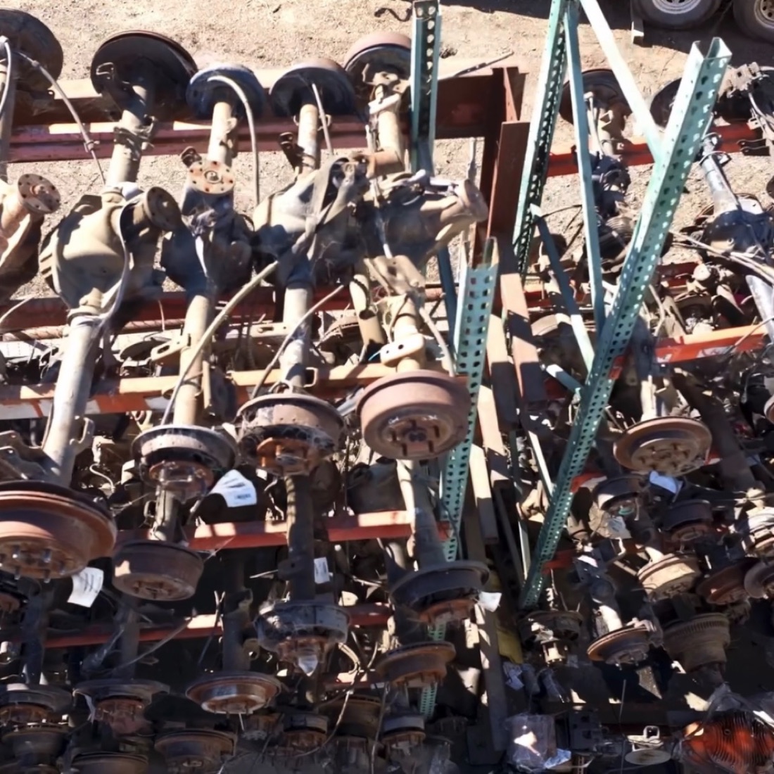 Warehouse shelves of used engines and auto parts at Villanueva Auto in Salinas, California